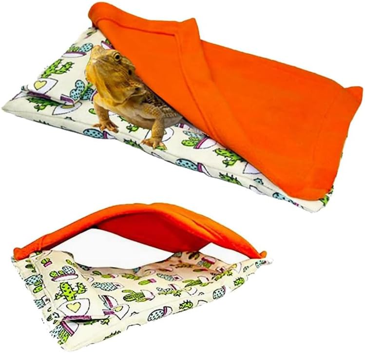 hokable Bearded Dragon Hammock Sleeping Bag Set- Hanging Pet Bed with Pillow and Blanket Hideout Habitat with Soft Warm for Bearded Dragon Lizard Leopard Gecko and Small Pet Animal（Beige + Orange Quilt） - Image 1
